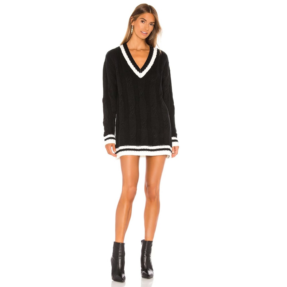 Superdown Shawnie Varsity Cable Knit V-Neck Oversized Sweater Dress Size M Black
